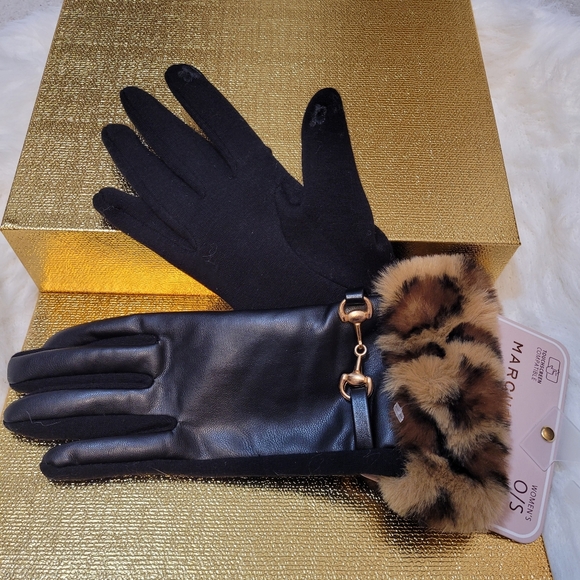Marcus Adler Black Gloves with Leopard Print Cuff. Gold Tone Accent. O/S. - Picture 5 of 14